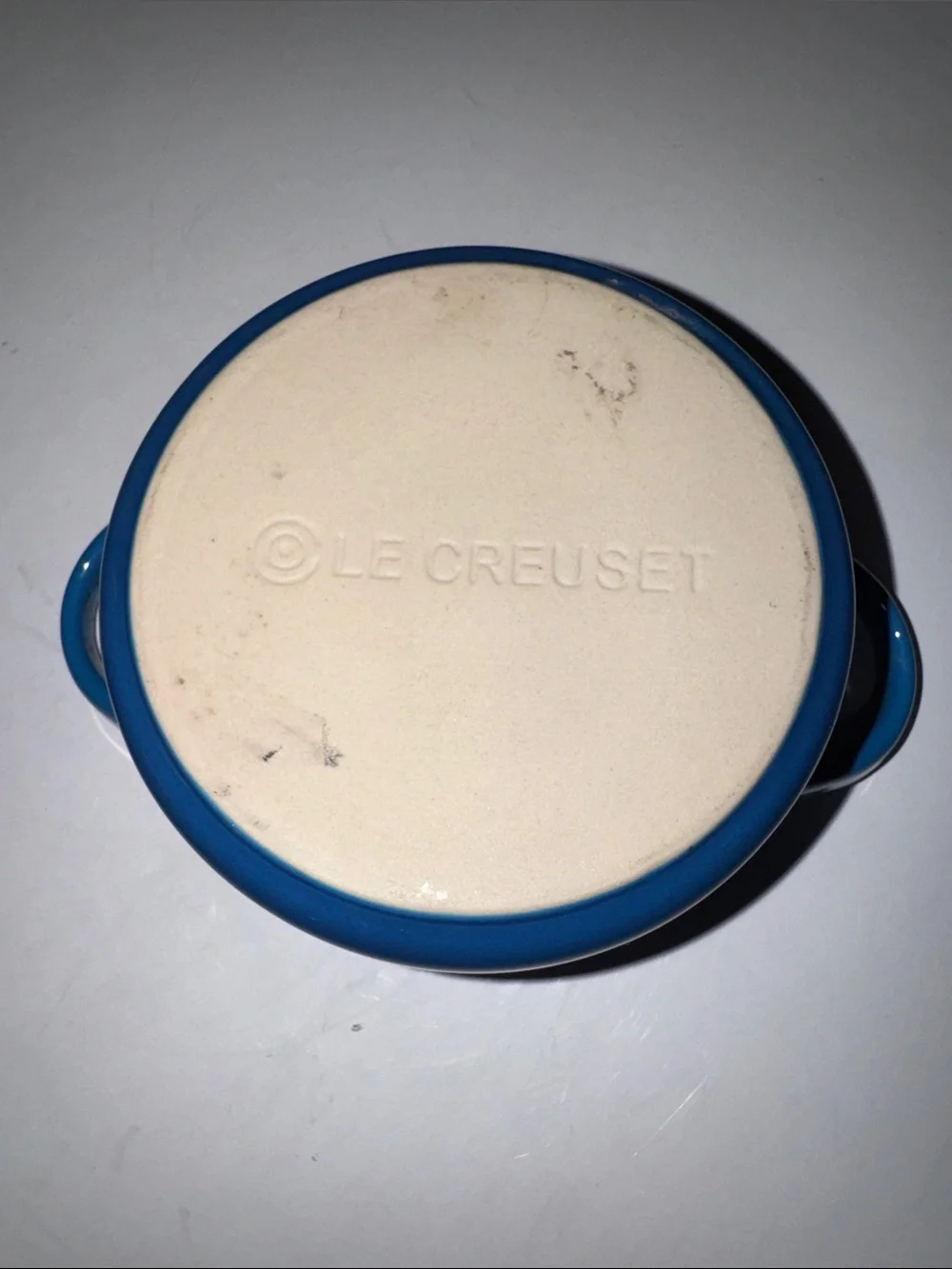 Le Creuset Mini Round Cocotte Marseille Blue Stoneware with Lid 8 oz